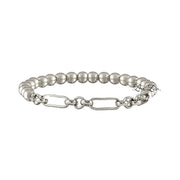 Silver beaded bracelet with chain link on a white background