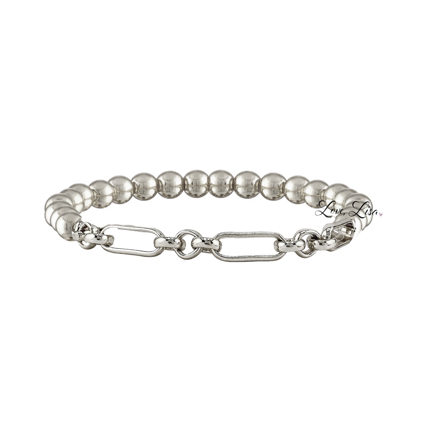 Silver beaded bracelet with chain link on a white background