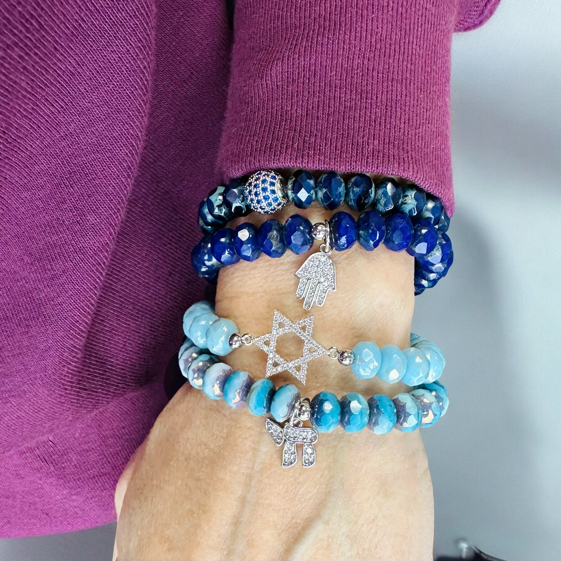 Elle Crystal Stack bracelet featuring Hamsa Hand charm

