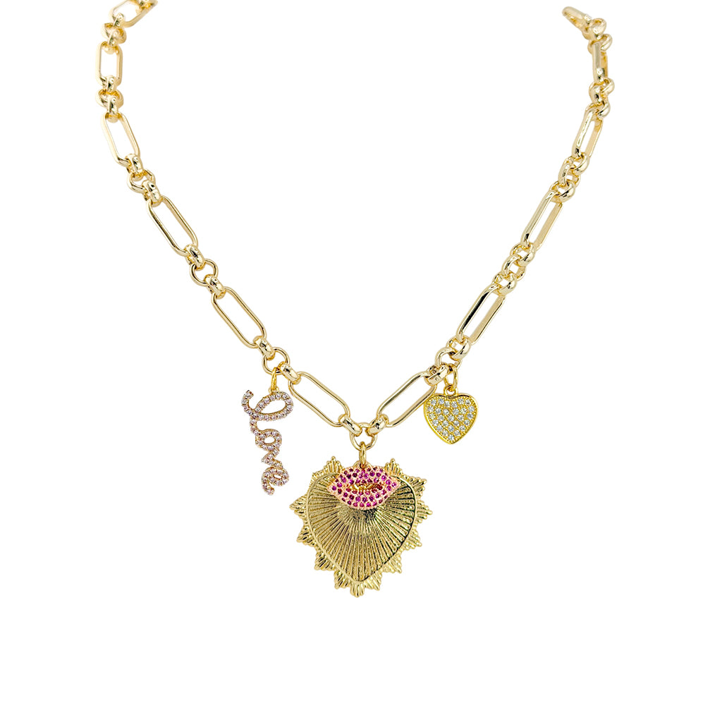 love lisa emily love and kisses necklace gold with heart and lips charms
