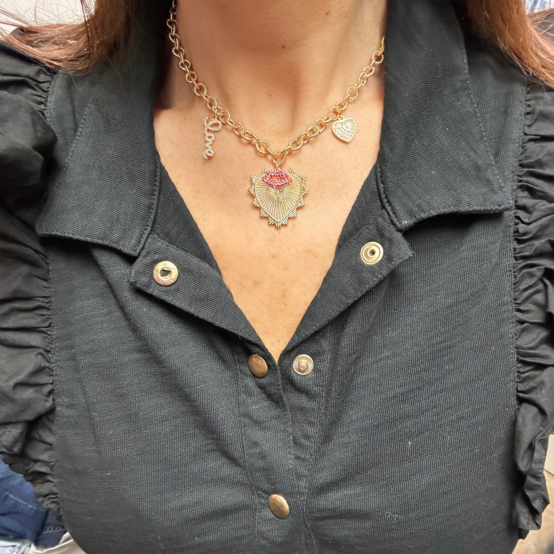 emily love and kisses necklace styled on model lifestyle photo