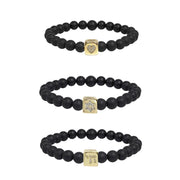 emily luxe black onxy beaded bracelet with chai, star of david and a heart cube