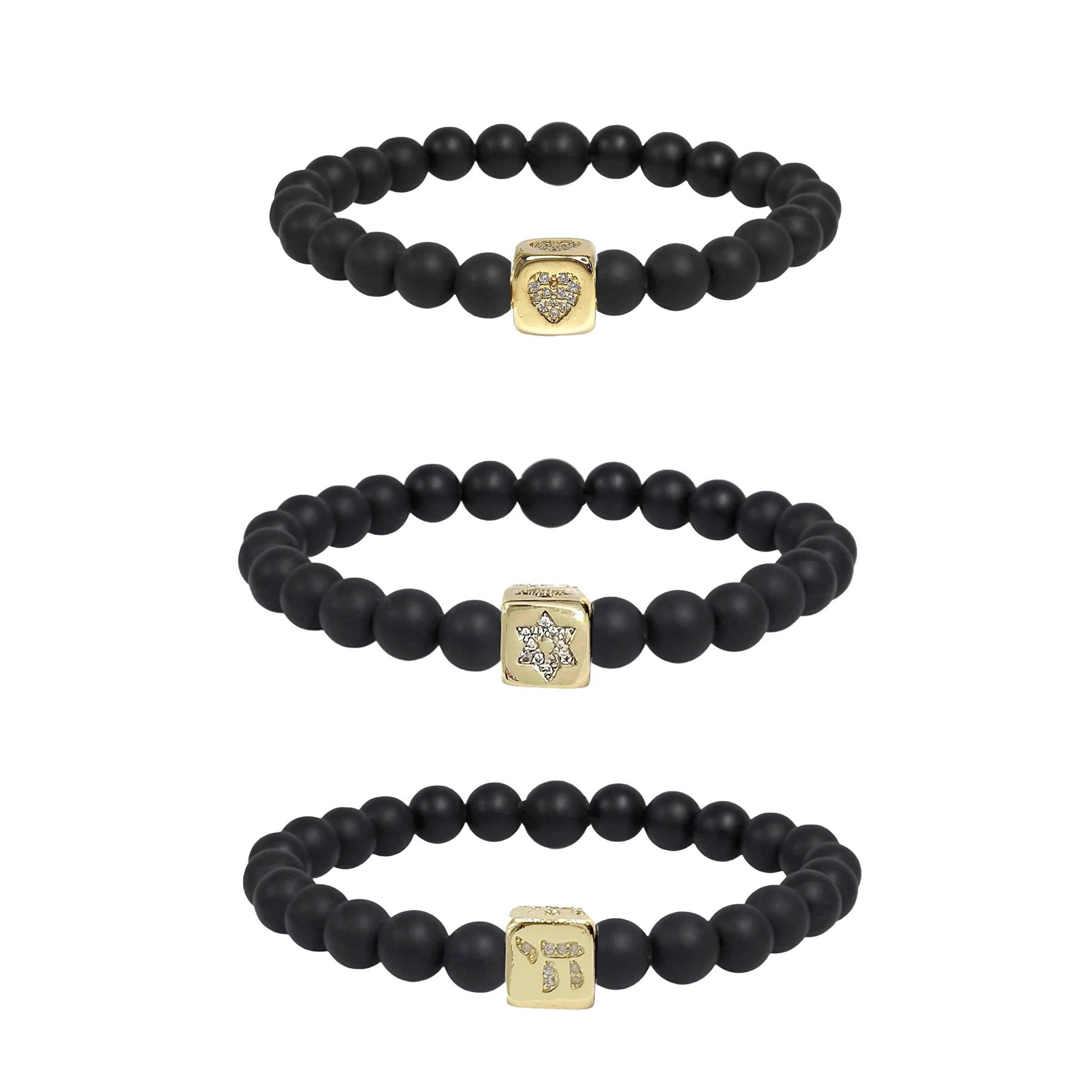 emily luxe black onxy beaded bracelet with chai, star of david and a heart cube