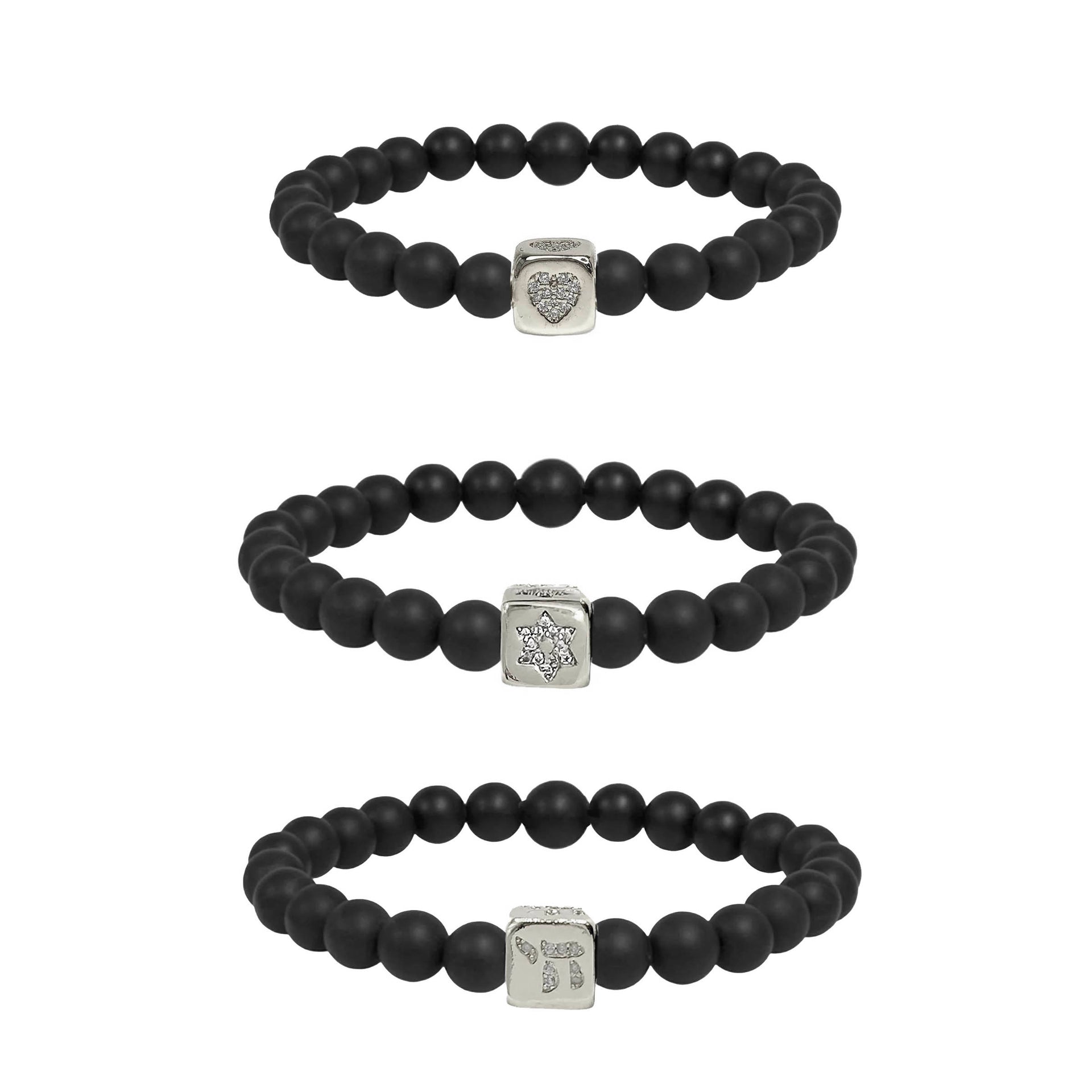 emily luxe black onxy beaded bracelet with chai, star of david and a heart cube