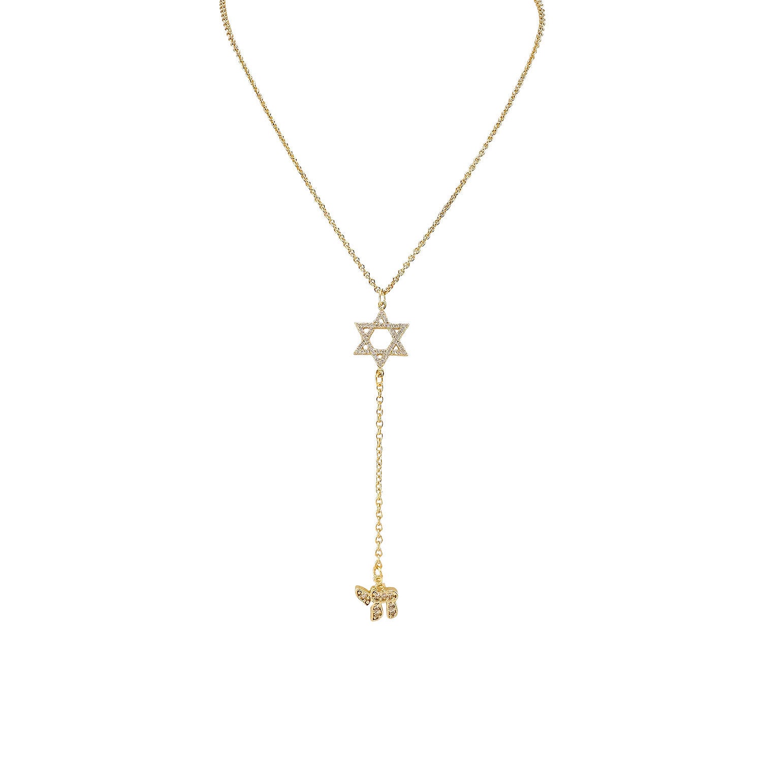 Gold necklace with Star of David pendant on a white background