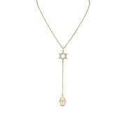 Gold necklace with Star of David and Hamsa hand pendant on a white background