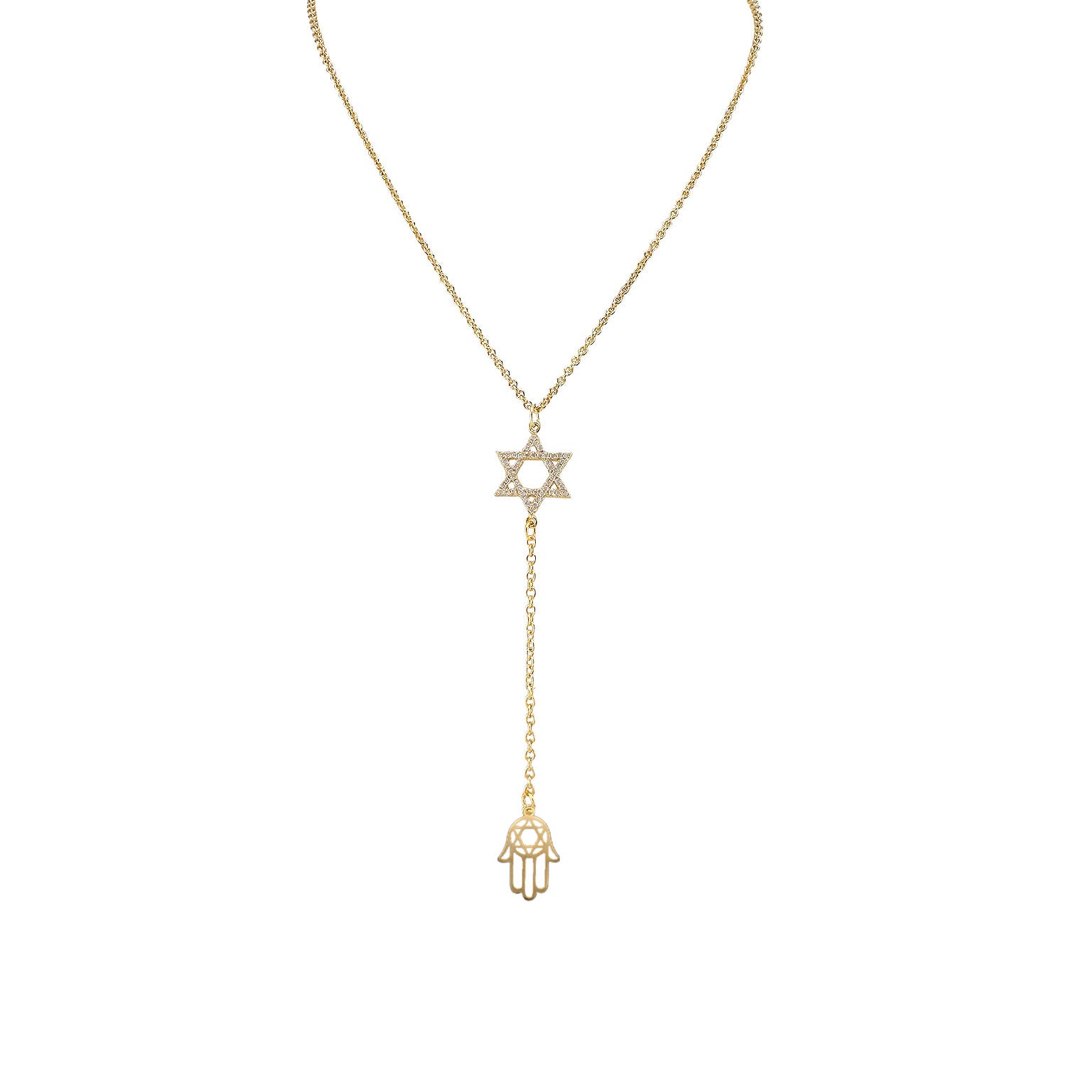 Gold necklace with Star of David and Hamsa hand pendant on a white background