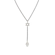 Necklace with Star of David and Hamsa hand pendant on a white background