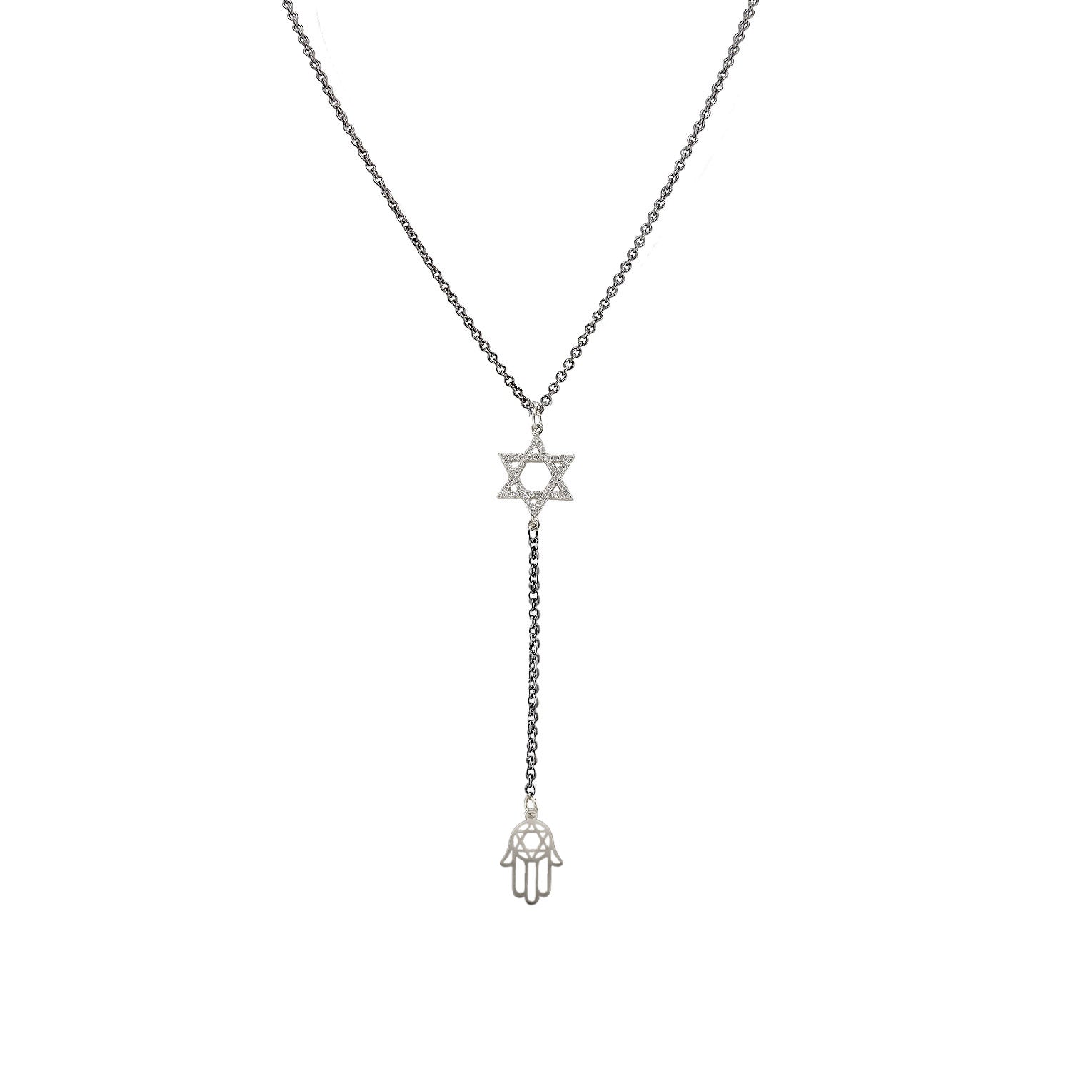 Necklace with Star of David and Hamsa hand pendant on a white background