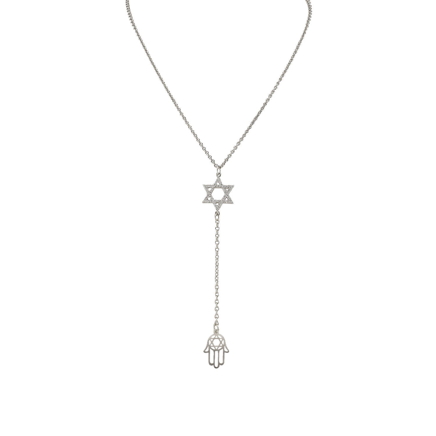 Necklace with Star of David and Hamsa hand pendant on a white background