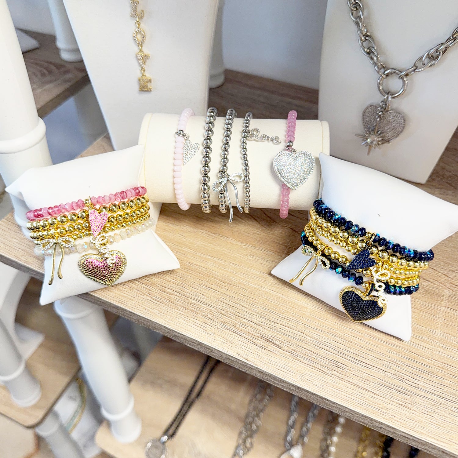 Emmy Heart Bracelet Stack layered stretch bracelets on display