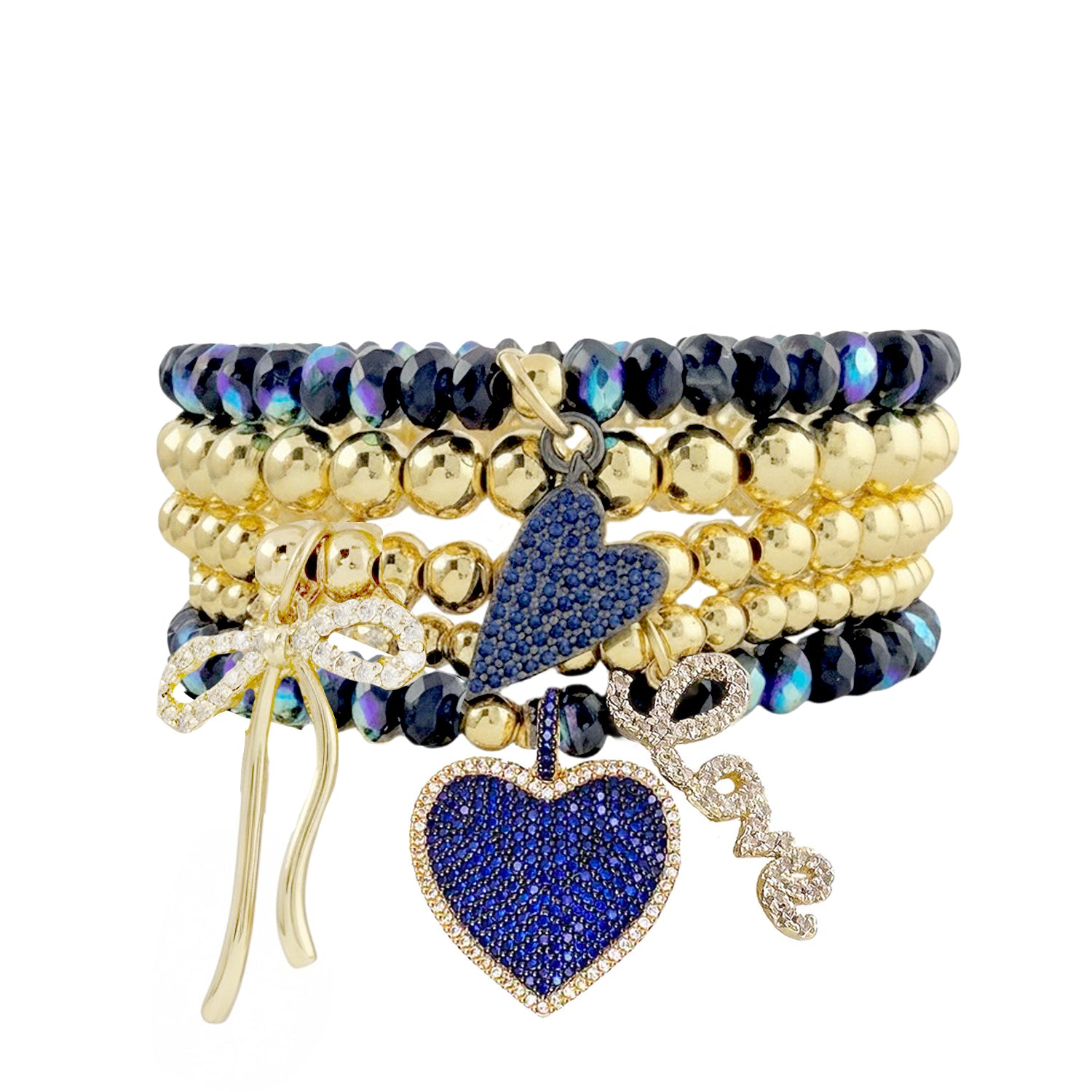 Love Lisa Emmy Heart Bracelet Stack navy glow gold bead stretch bracelets with pavé heart love and bow charms