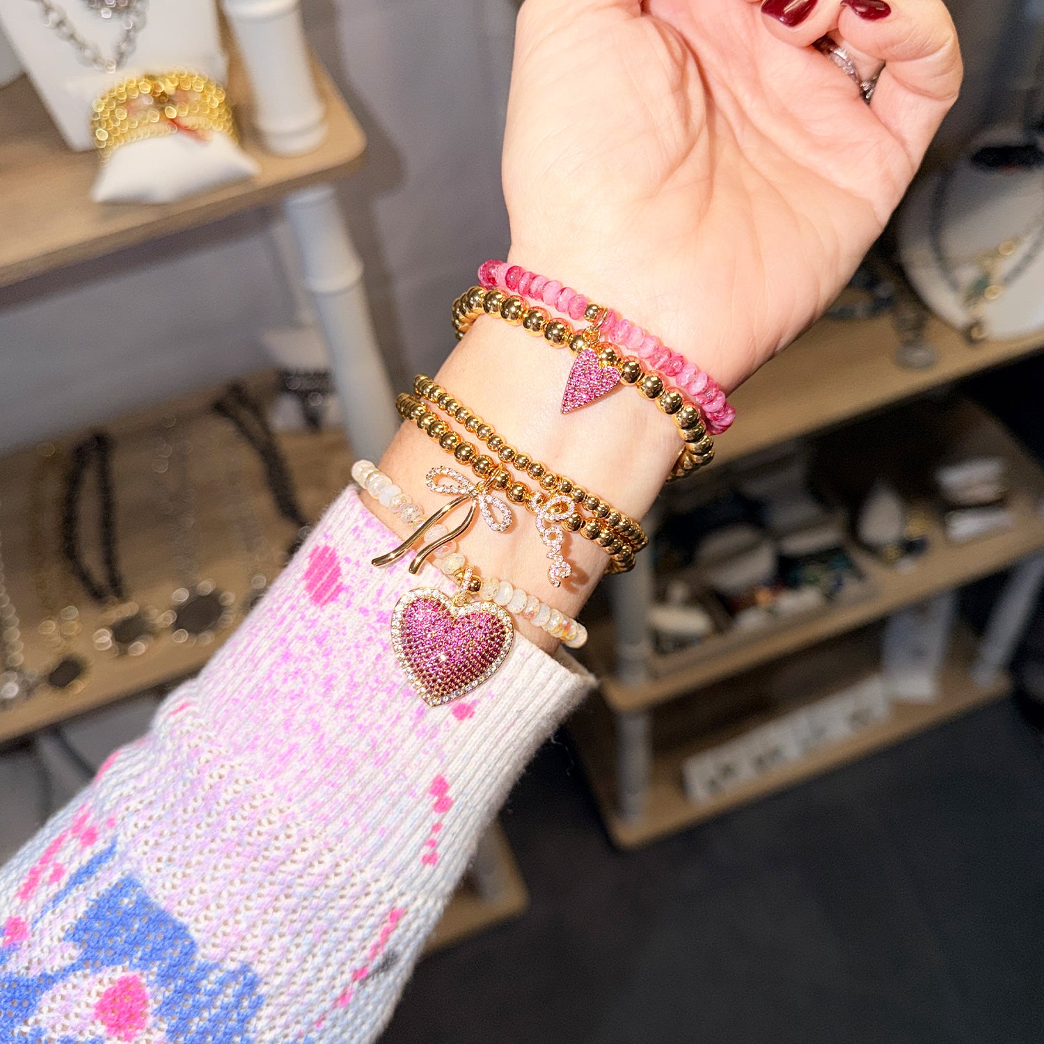 Emmy Heart Bracelet Stack pink lemonade gold tone bead bracelets with hearts, love and bow charms