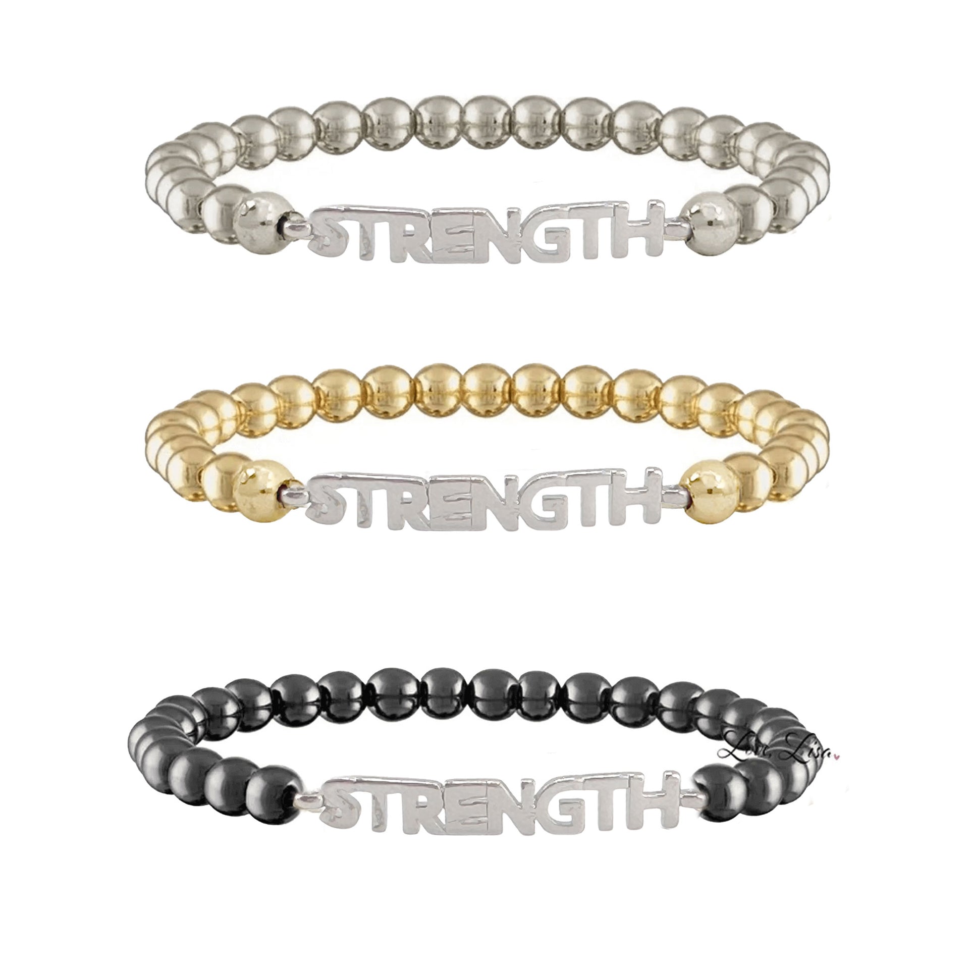 Three 'STRENGTH' beaded bracelets in silver, gold, and black on a white background.