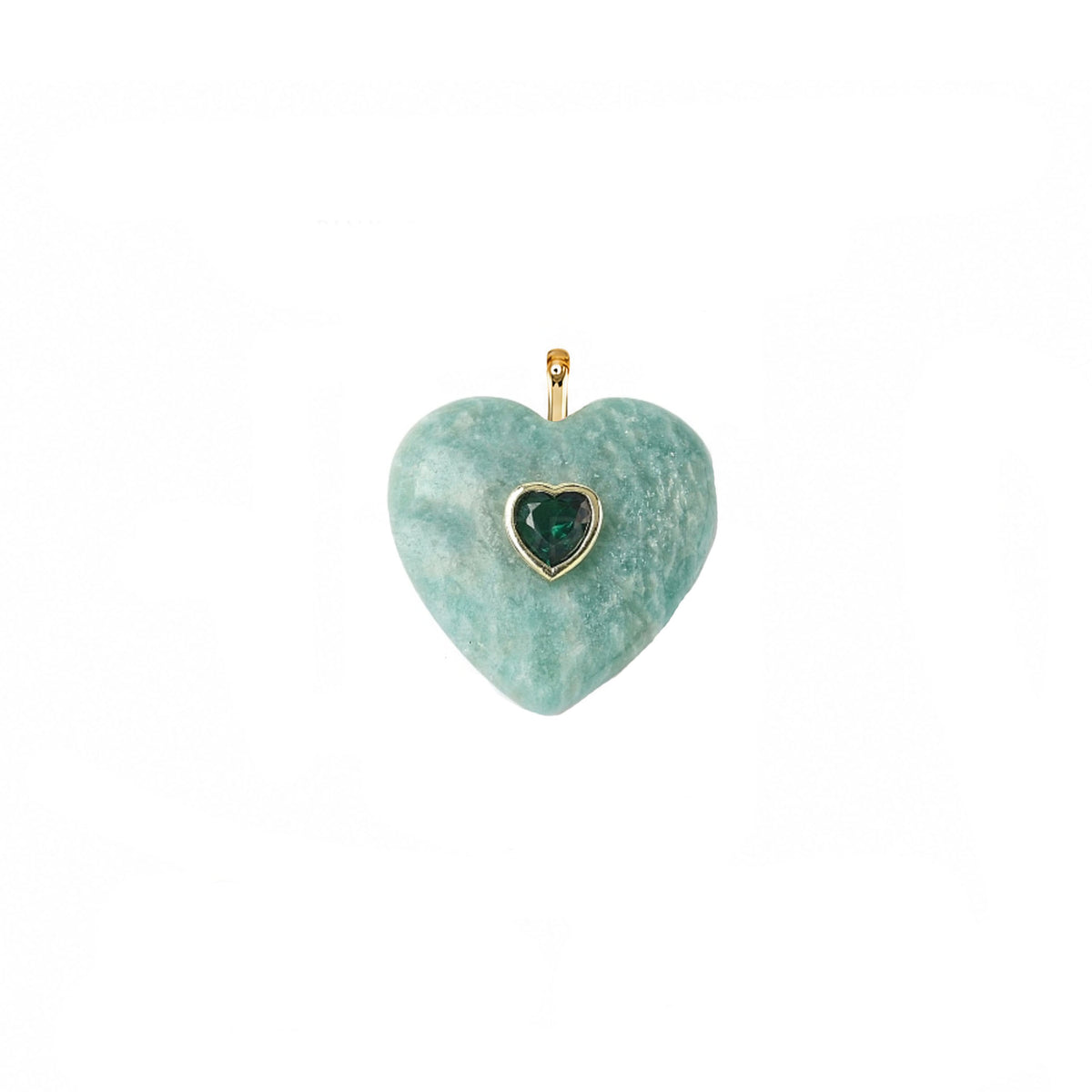 endless heart gemstone heart pendant in Green Jade with teal green heart stone crystal heart accent and gold setting