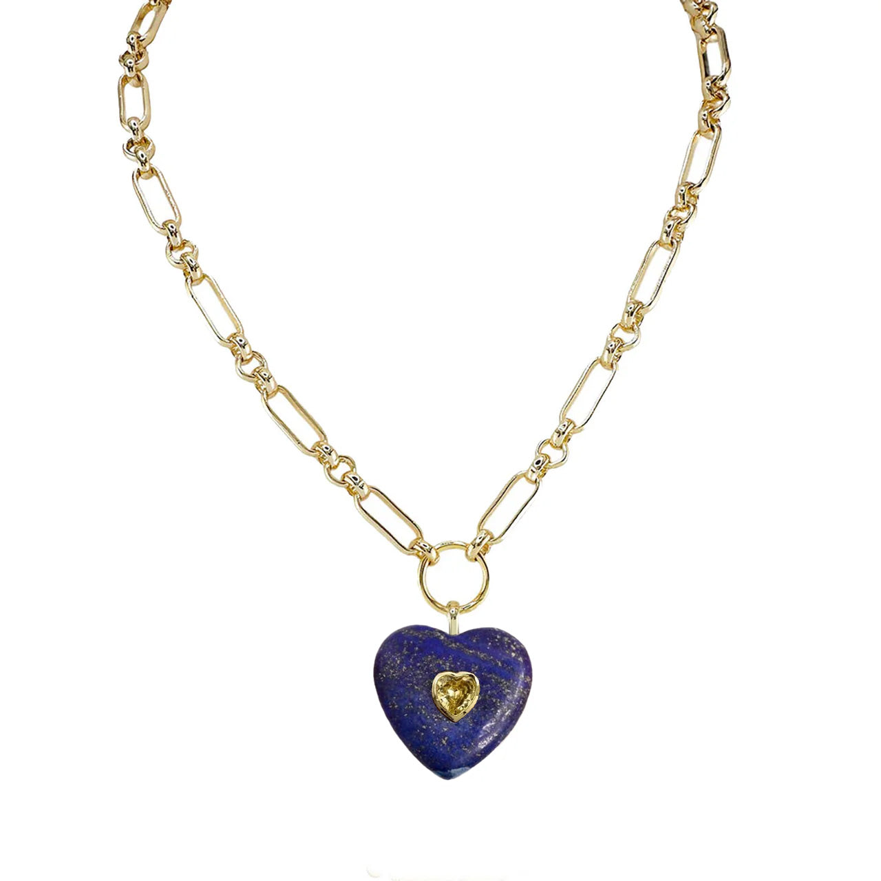 Gold chain necklace with a heart-shaped lapis lazuli pendant on a white background