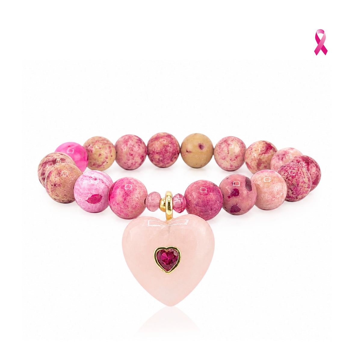 Love Lisa Endless Heart Breast Cancer Awareness Gemstone Bracelet with pink fossil gemstone beads, pale pink heart pendant, crystal heart center, and gold-tone accents