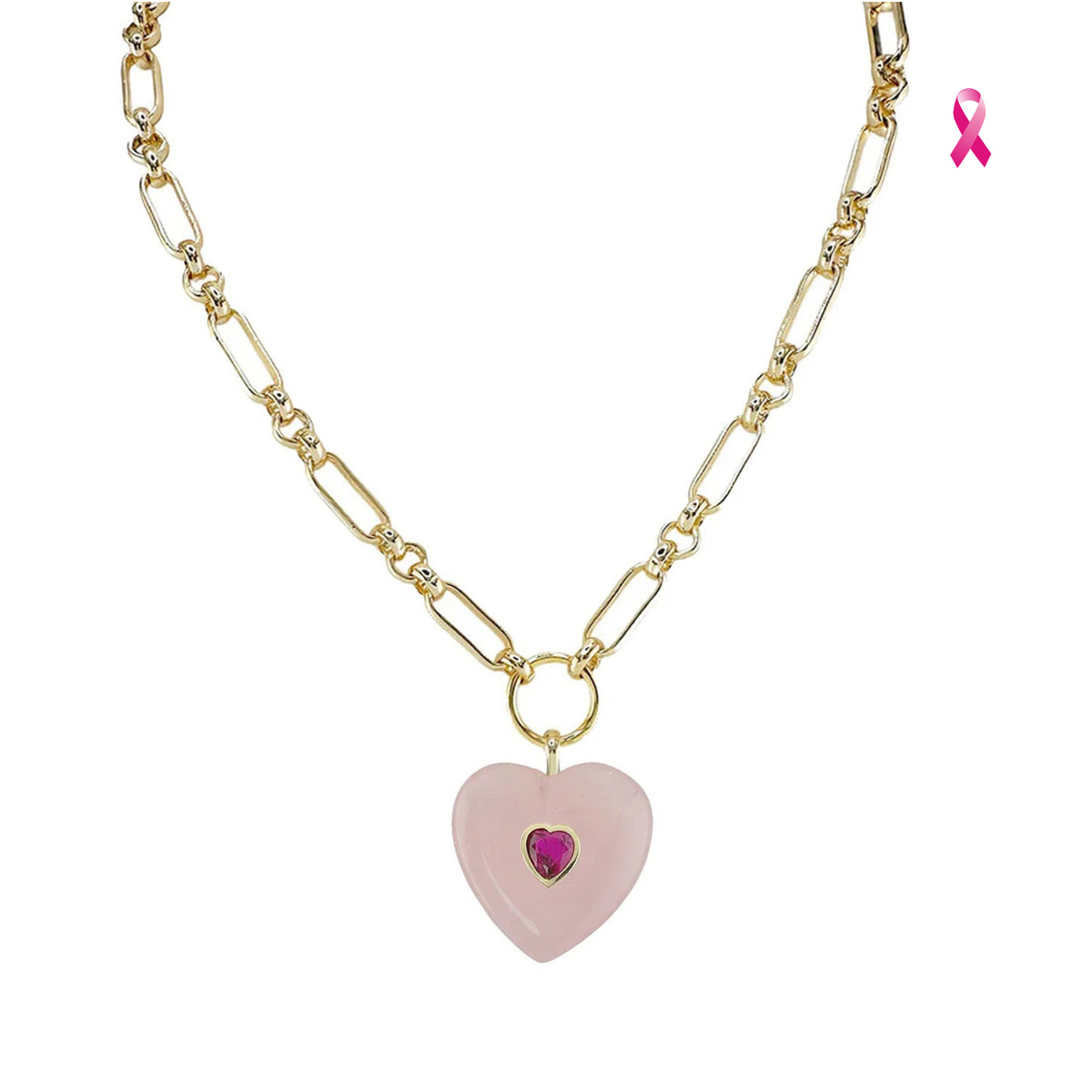 Endless Heart Breast Cancer Awareness Rose Quartz Necklace with polished pink heart pendant, crystal heart center, and gold link chain