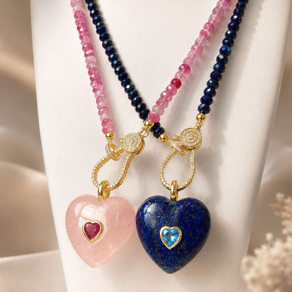 Love Lisa endless gemstone heart pendants styled on layered crystal clasp necklaces in Rose Quartz and Lapis Lazuli