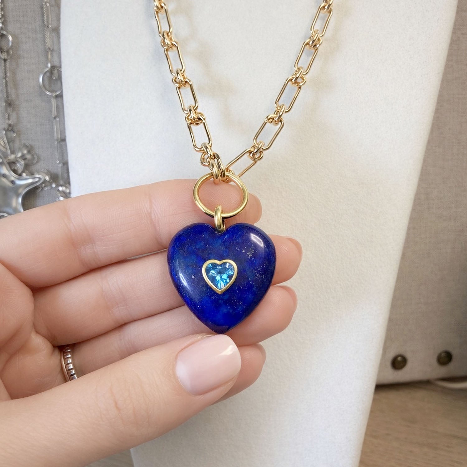 Endless heart gemstone necklace crystal accented gemstone heart pendant close detail