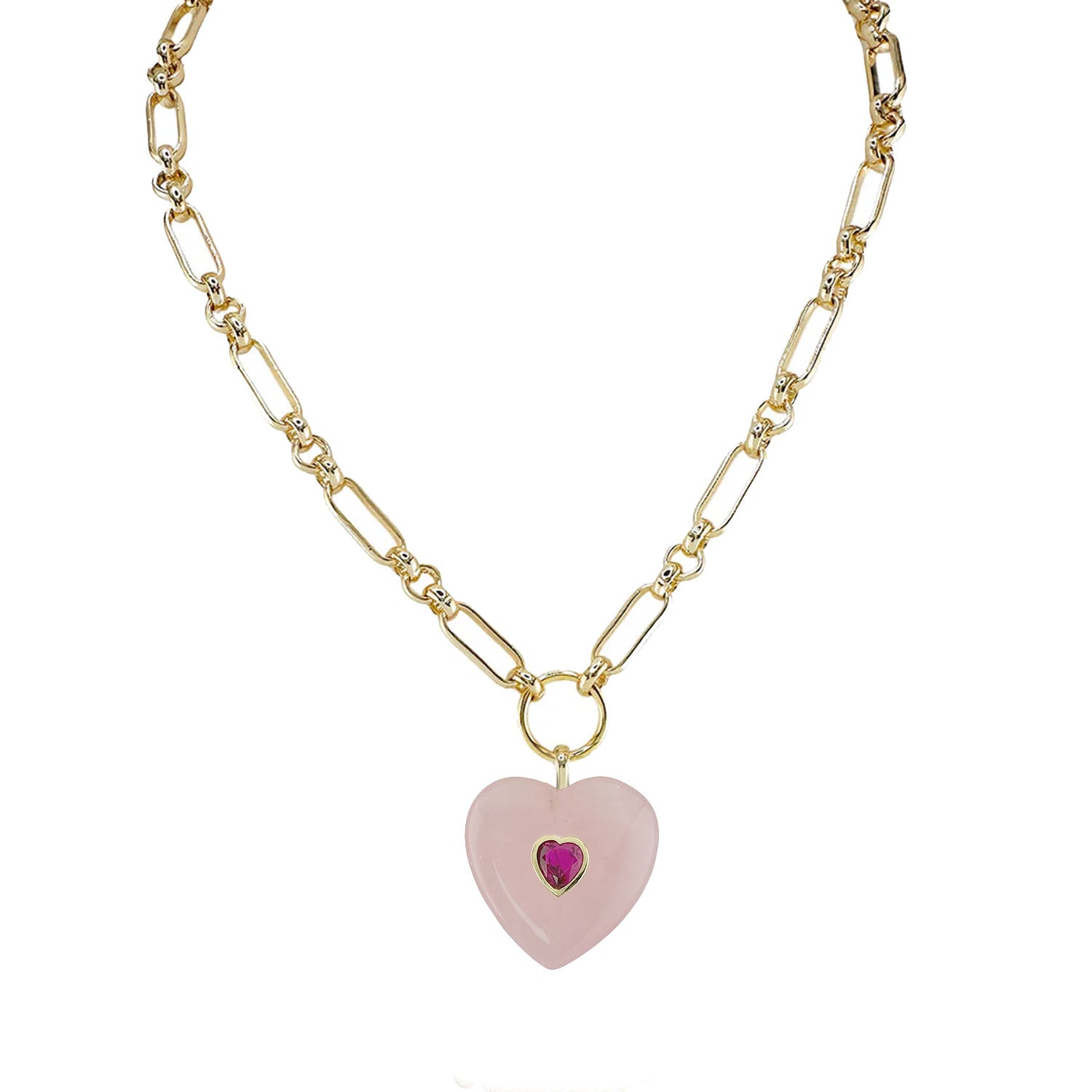 Love Lisa endless heart gemstone necklace rose quartz heart pendant with crystal accent on gold chain