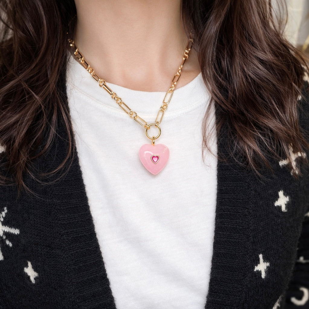 Love Lisa endless heart gemstone necklace worn layered showing gemstone heart pendant on gold chain