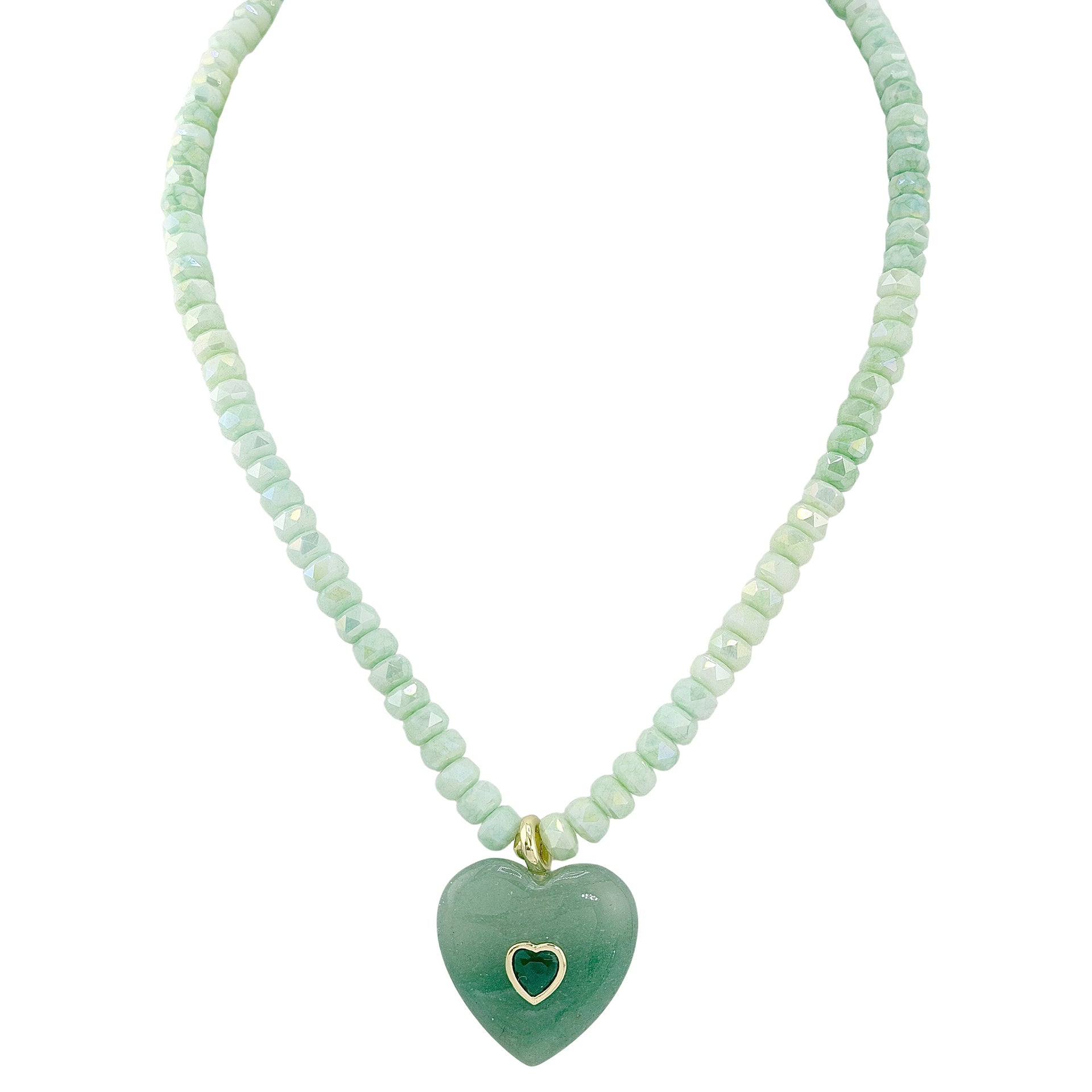 Endless Heart Gemstone Pendant Necklace green jade beads with heart pendant crystal detail
