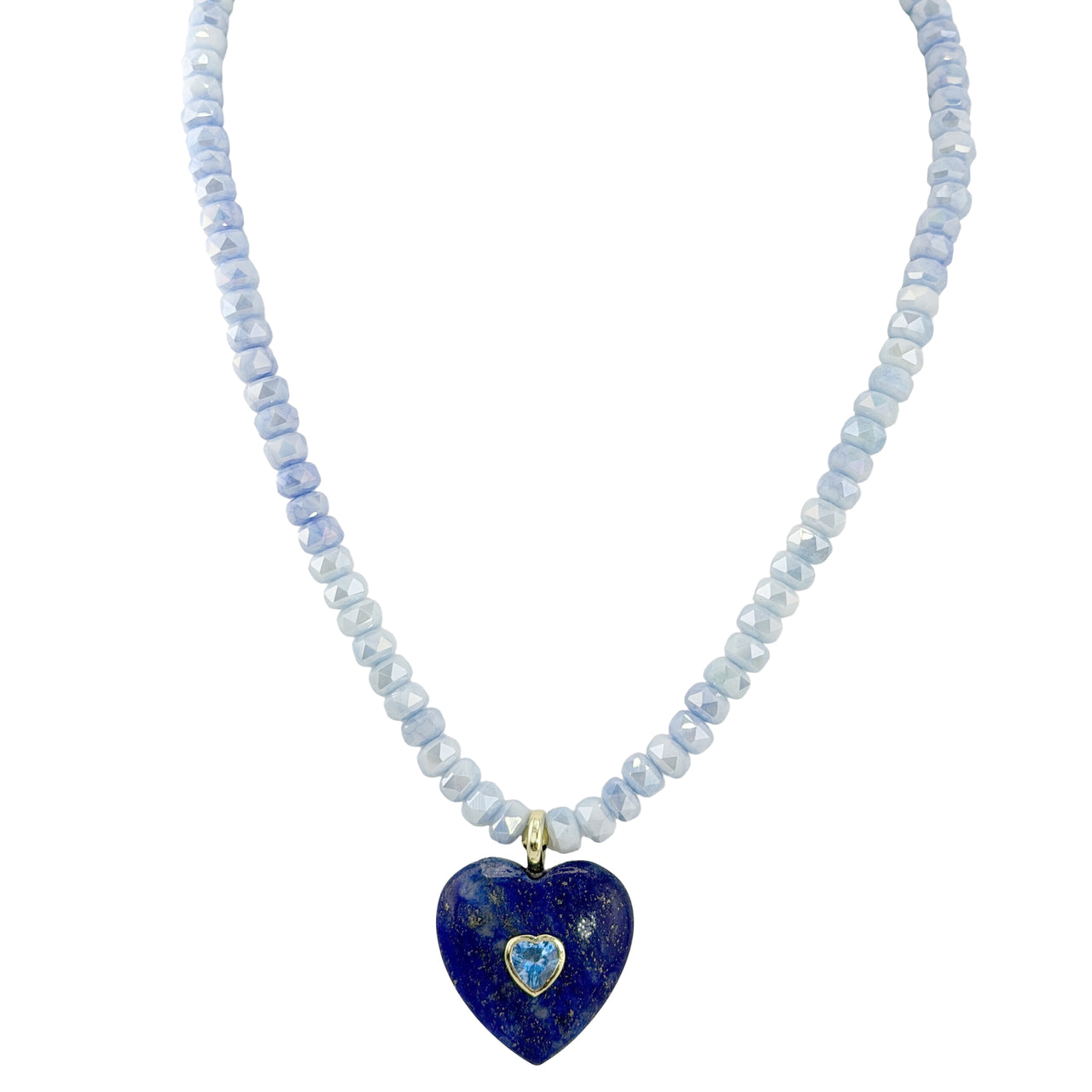 Love Lisa Endless Heart Gemstone Pendant Necklace lapis lazuli beads with turquoise heart pendant crystal detail
