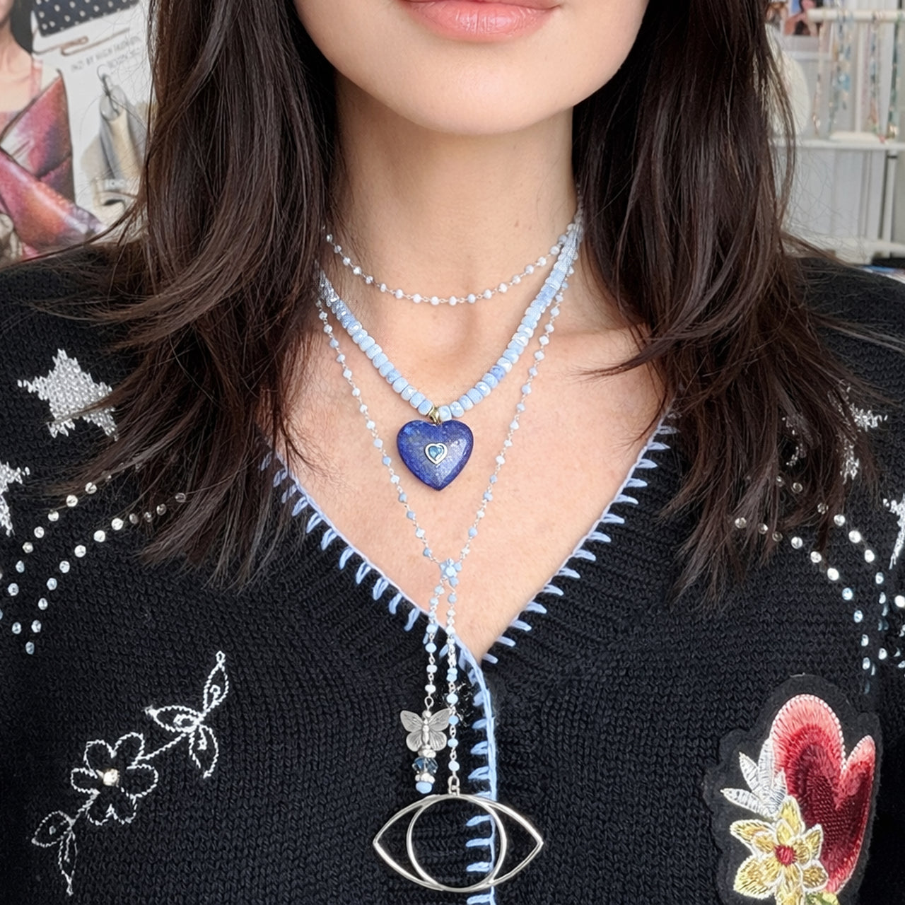 Love Lisa Endless Heart Gemstone Pendant Necklace worn showing heart pendant and beaded detail