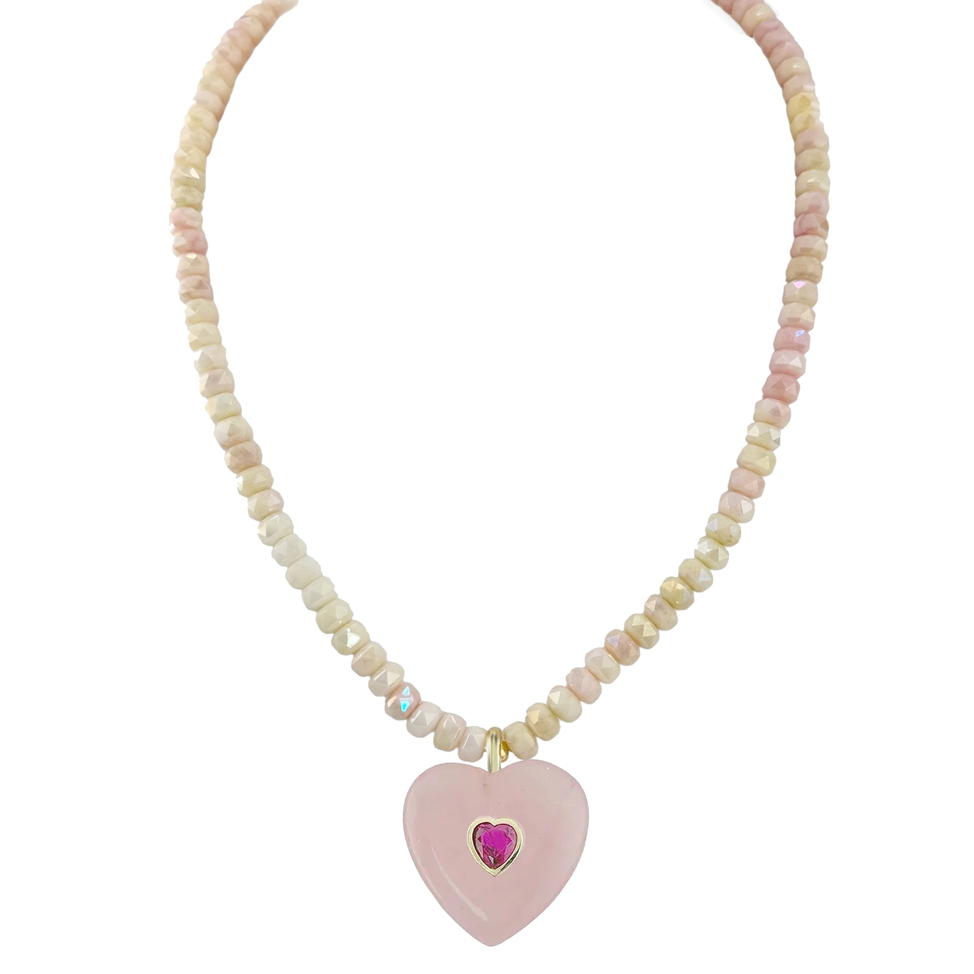 Endless Heart Gemstone Pendant Necklace rose quartz beads with heart pendant crystal detail
