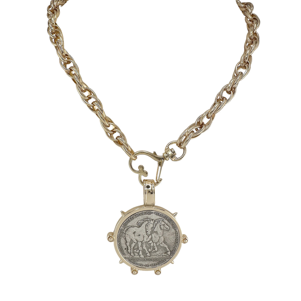 Gold equestrian coin medallion necklace on chunky chain