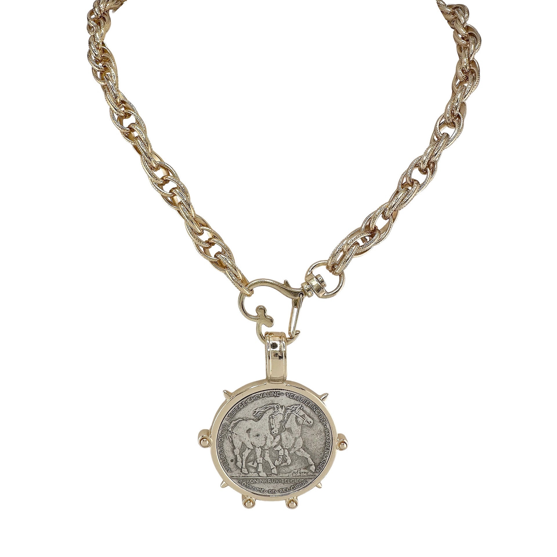Gold equestrian coin medallion necklace on chunky chain