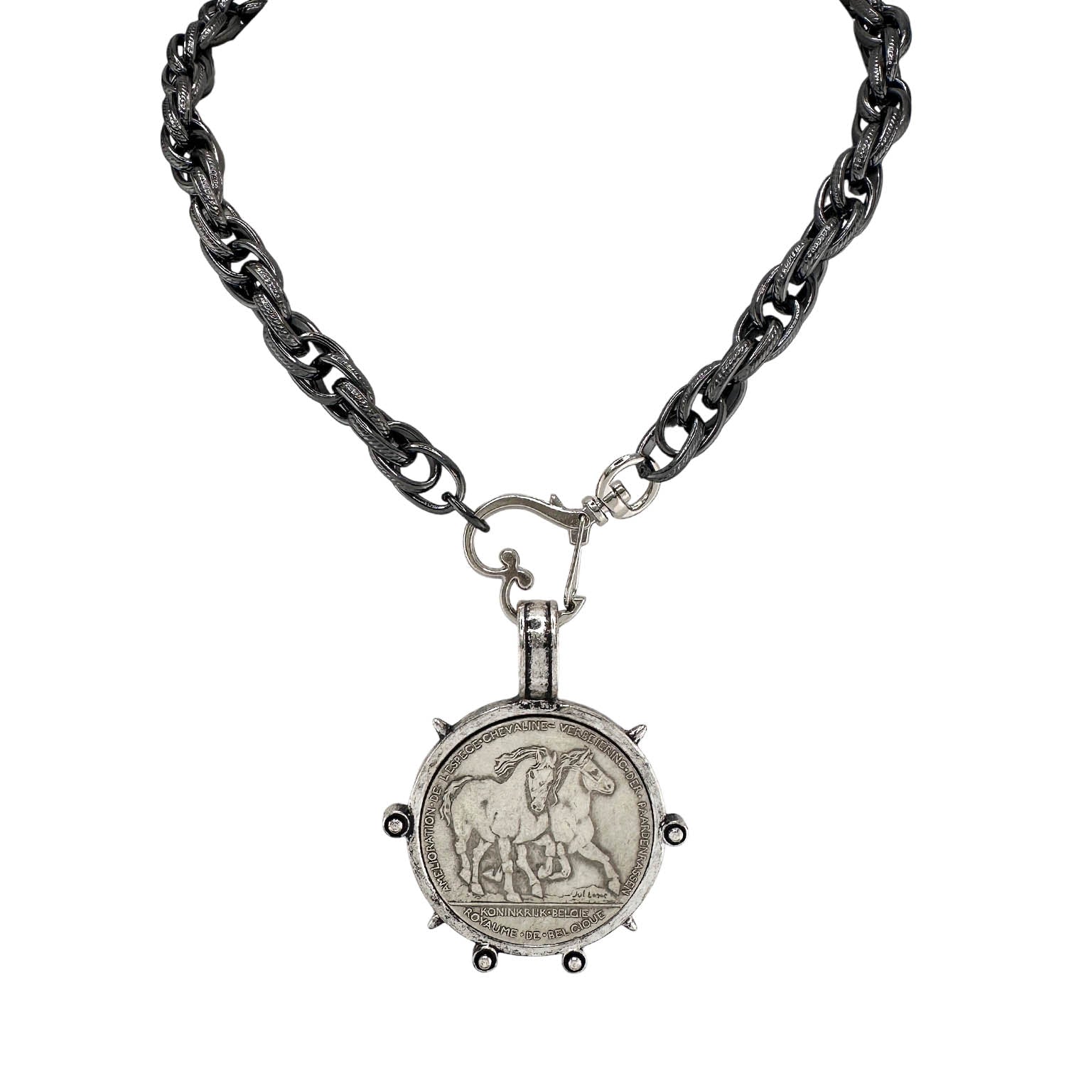 Equestrian coin necklace on a gunmetal chain