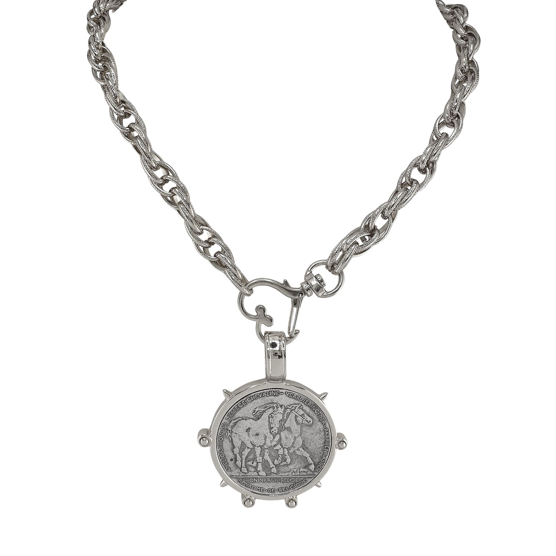 Silver equestrian coin medallion necklace on chunky chain