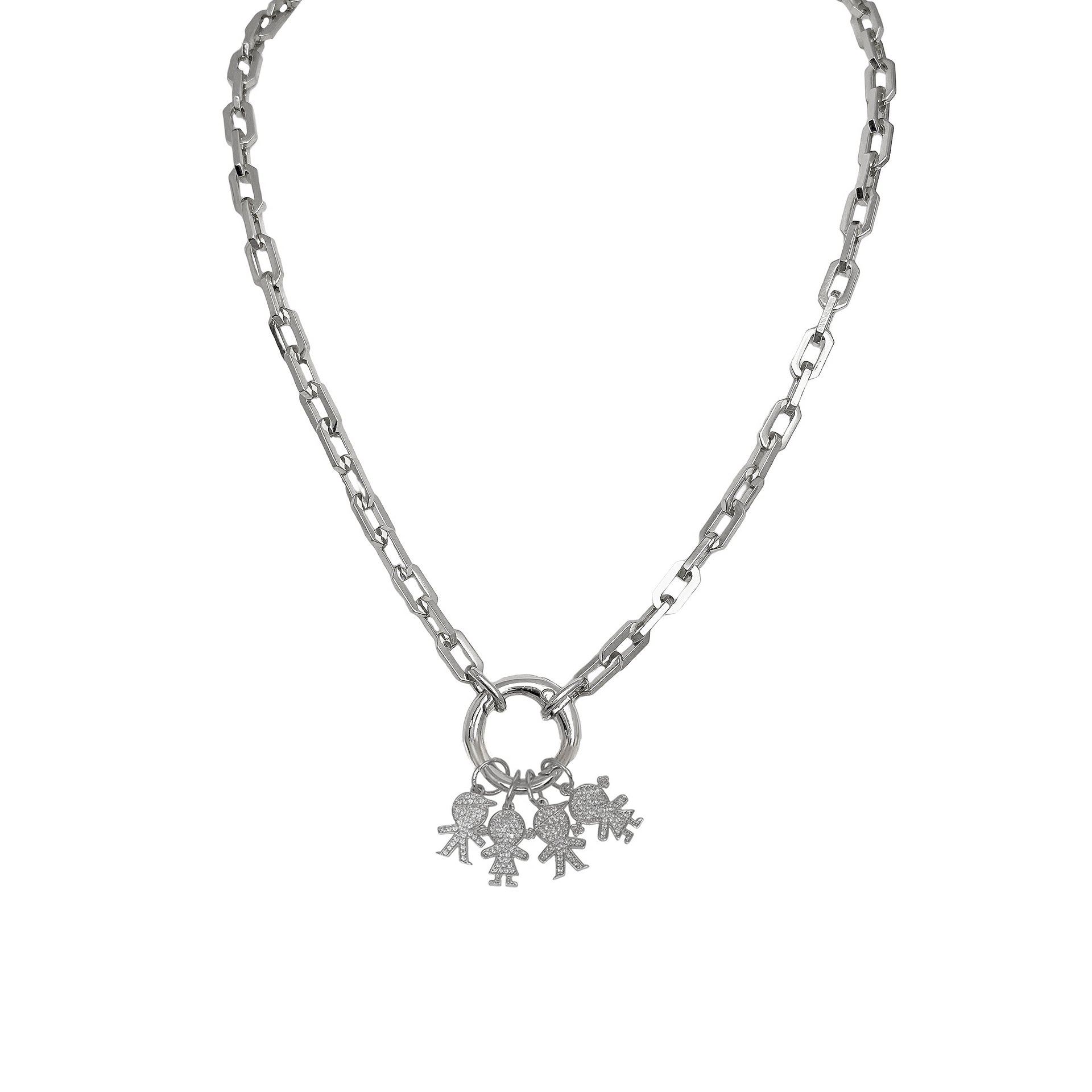 Veronica silver paperclip necklace with four boy and girl charms personalized mom jewelry