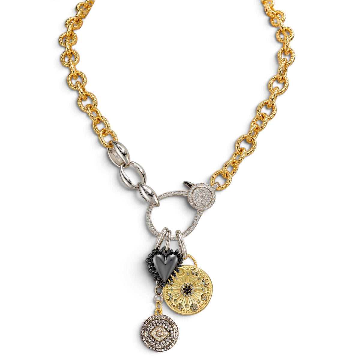 Love Lisa Estelle Celestial Charm Necklace with gold-tone link chain, mixed-metal moon, heart, and evil eye charms, and sparkling statement clasp