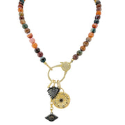 Love Lisa Estelle Gemstone Celestial Charm Necklace with multicolor faceted agate beads, mixed-metal moon medallion, heart charm, evil eye charm, and signature clasp