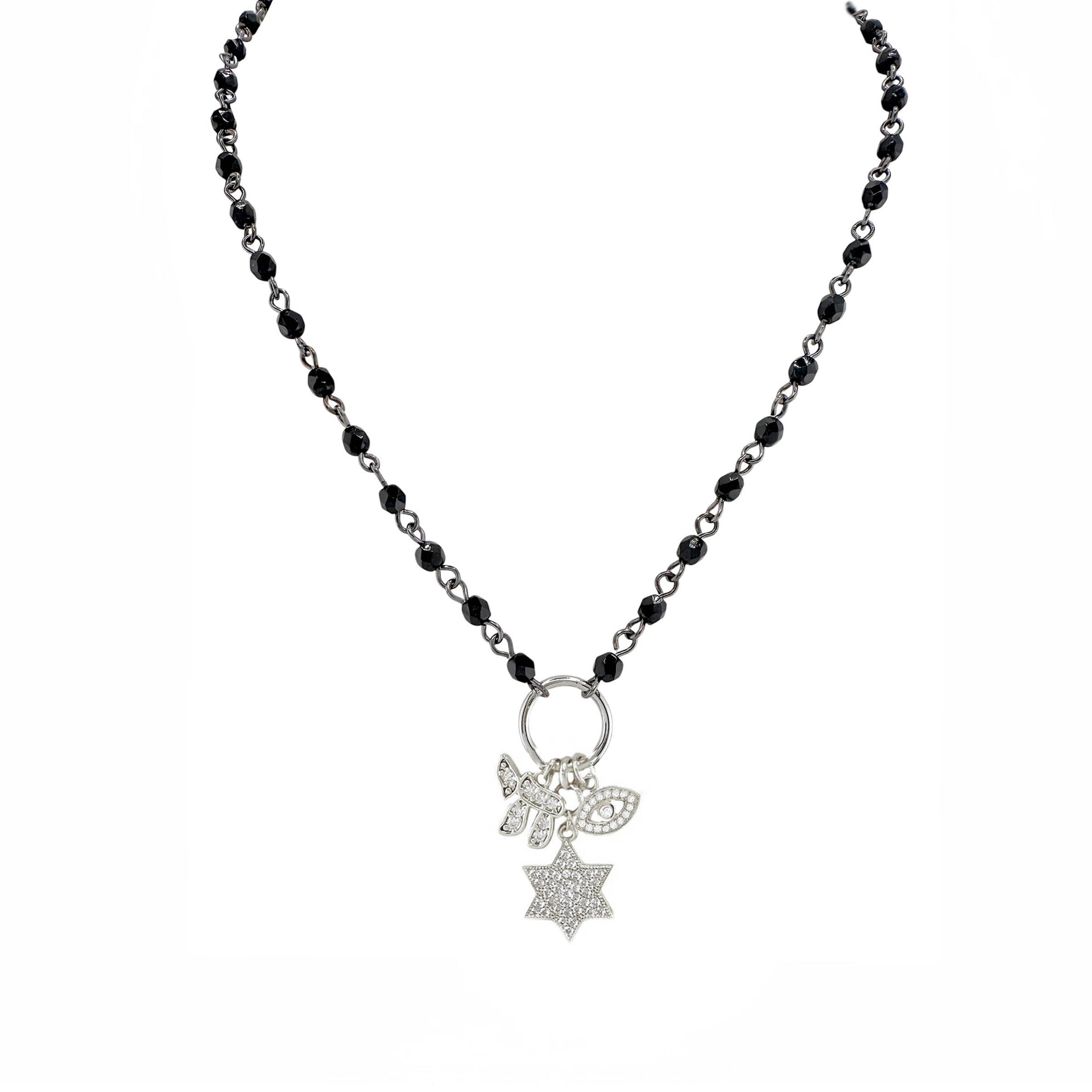 Eternal Chai Necklace by Love Lisa in black beads with silver symbolic charms star of david chai and evil eye