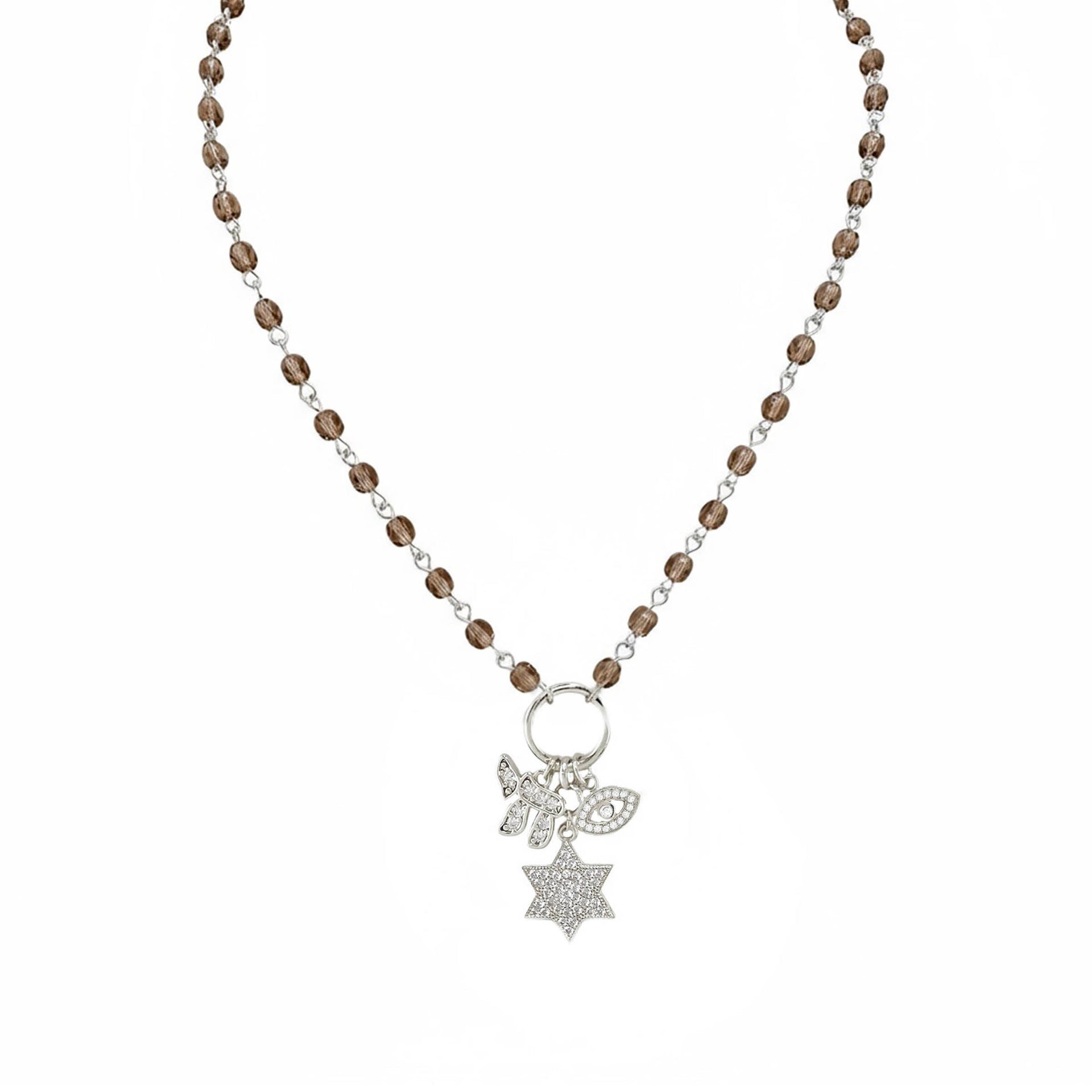 Eternal Chai Necklace by Love Lisa in brown beads with silver symbolic charms star of david chai and evil eye