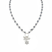 Eternal Chai Necklace by Love Lisa in gray beads with silver symbolic charms star of david chai and evil eye