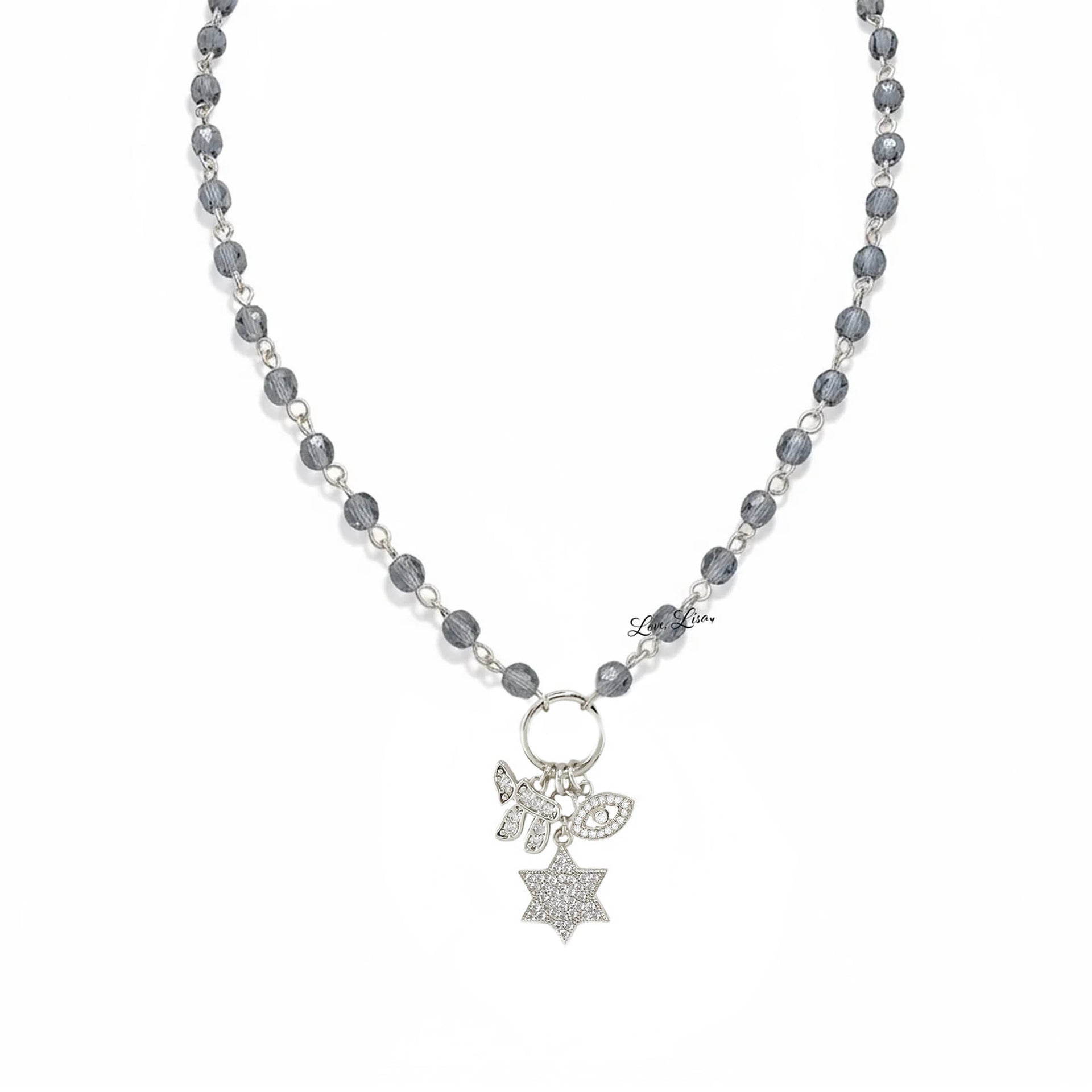 Eternal Chai Necklace by Love Lisa in gray beads with silver symbolic charms star of david chai and evil eye