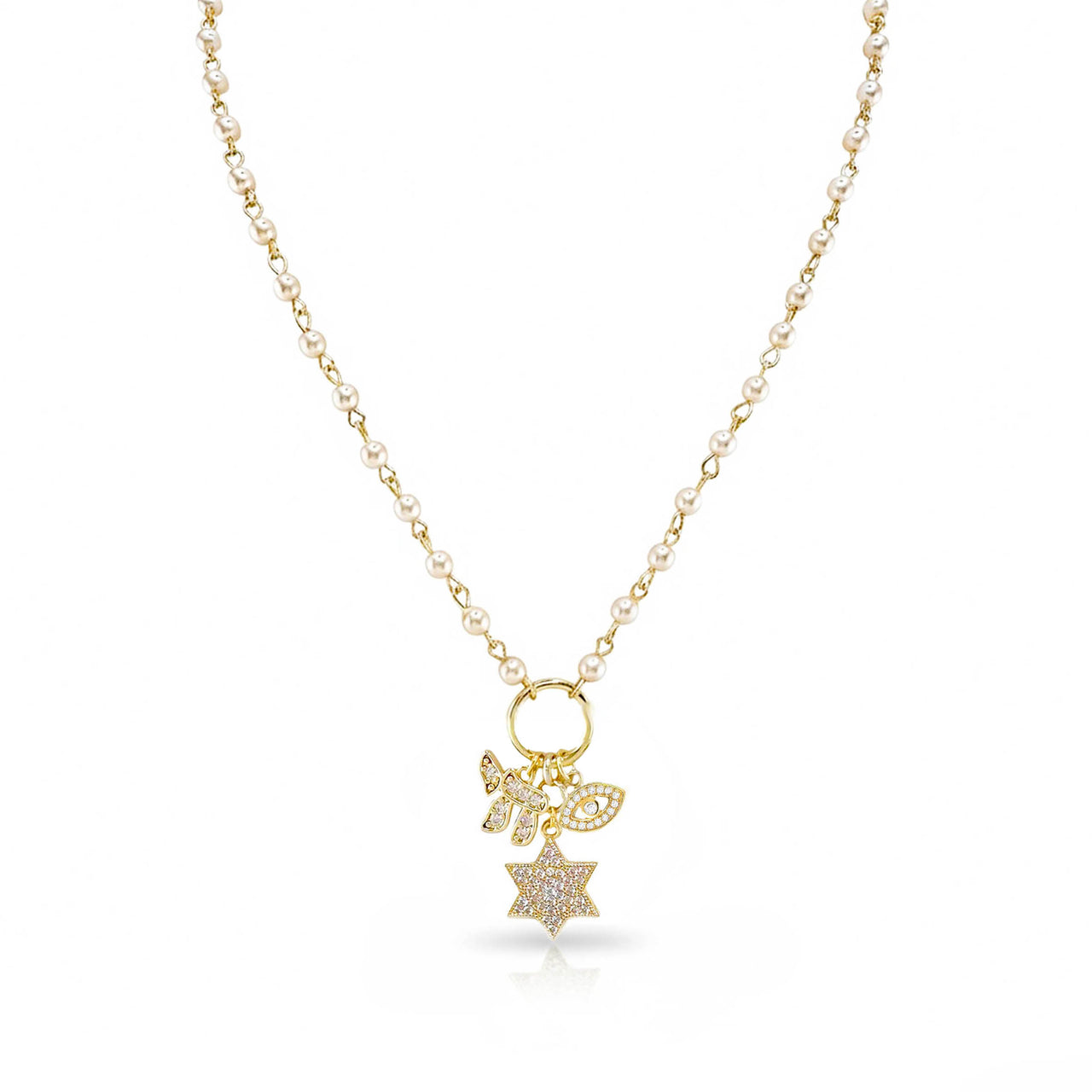 Eternal Chai Necklace by Love Lisa with gold charms on pearl beaded chain