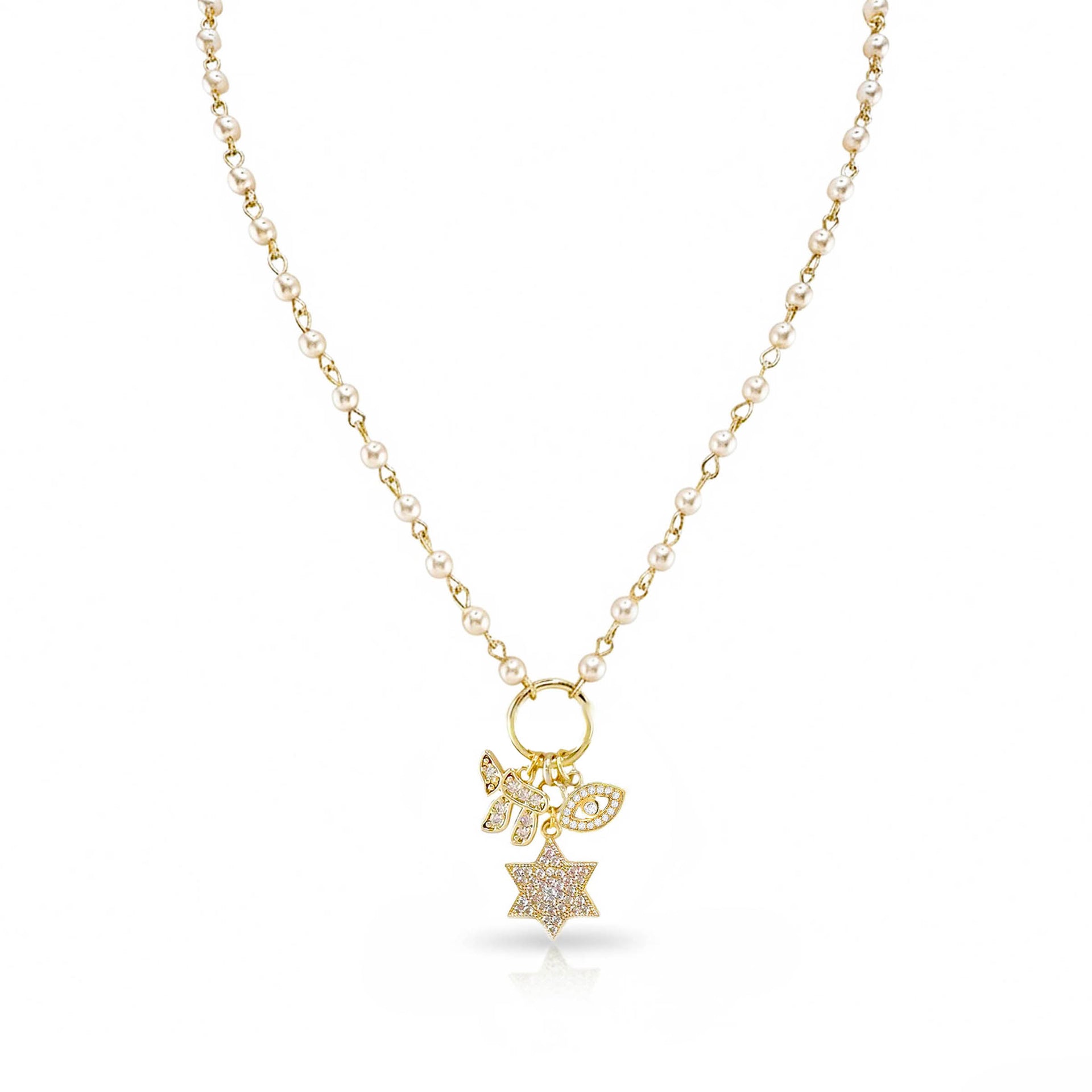 Eternal Chai Necklace by Love Lisa with gold charms on pearl beaded chain