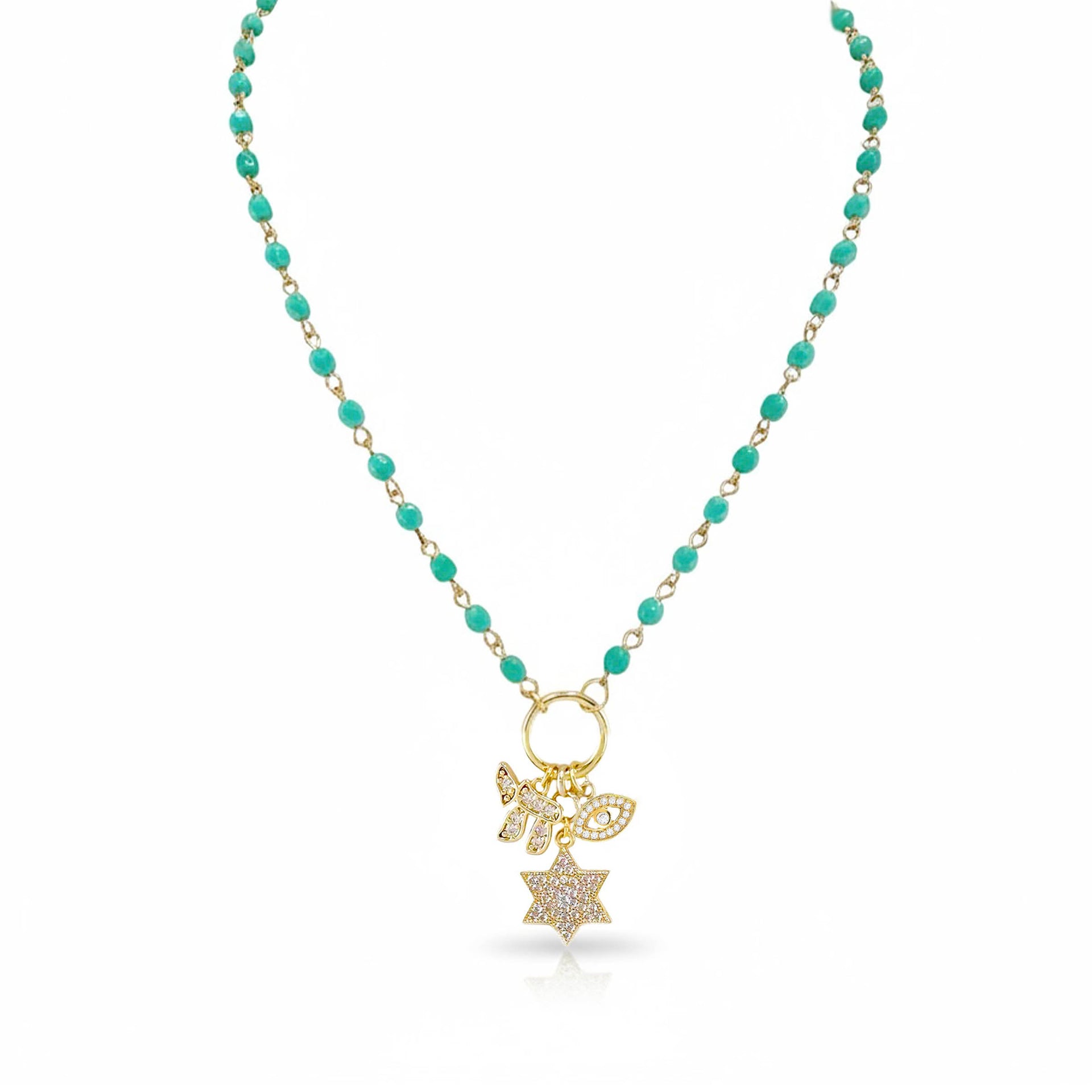 Eternal Chai Necklace by Love Lisa in turquoise beads with gold symbolic charms star of david chai and evil eye