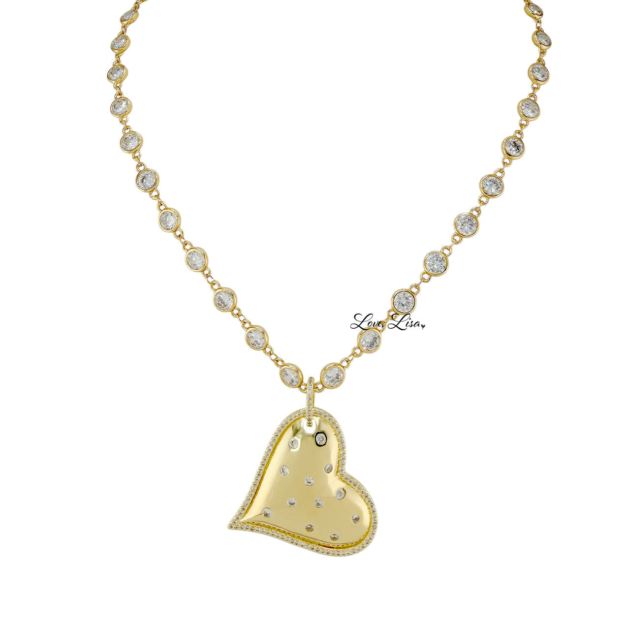 Love Lisa Evelyn diamond heart necklace gold pavé crystal heart statement jewelry