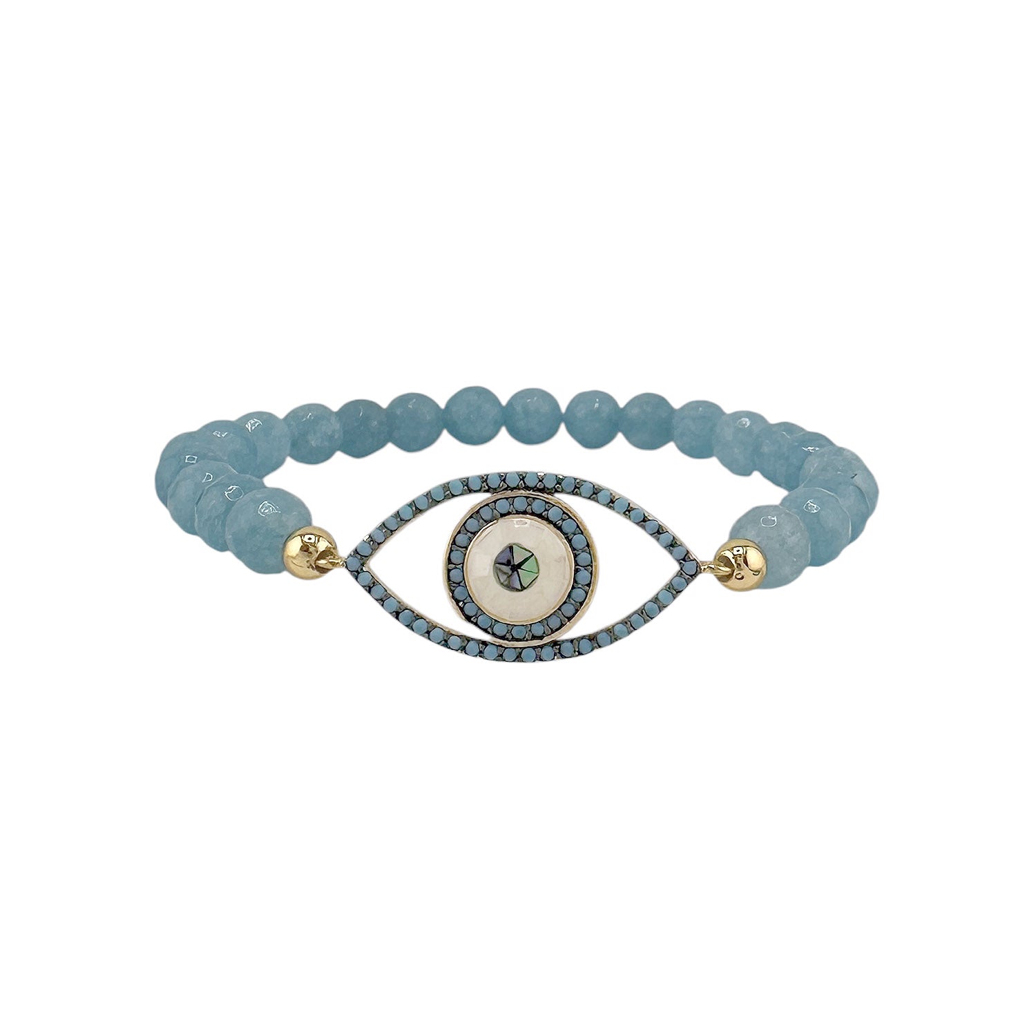 Bracelet with blue beads and an eye-shaped charm on a white background