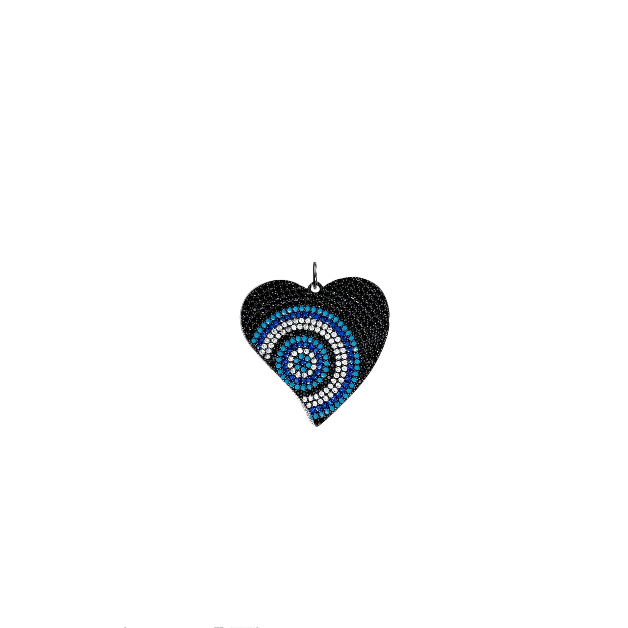 Black heart evil eye charm with layered blue pavé crystal design