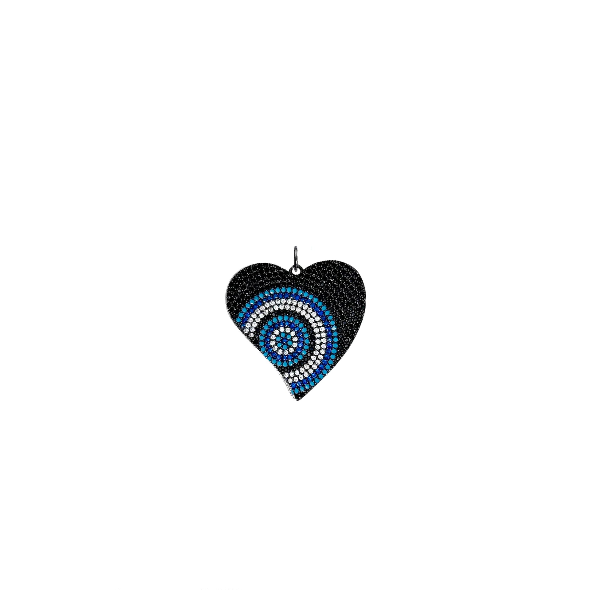 Black heart evil eye charm with layered blue pavé crystal design
