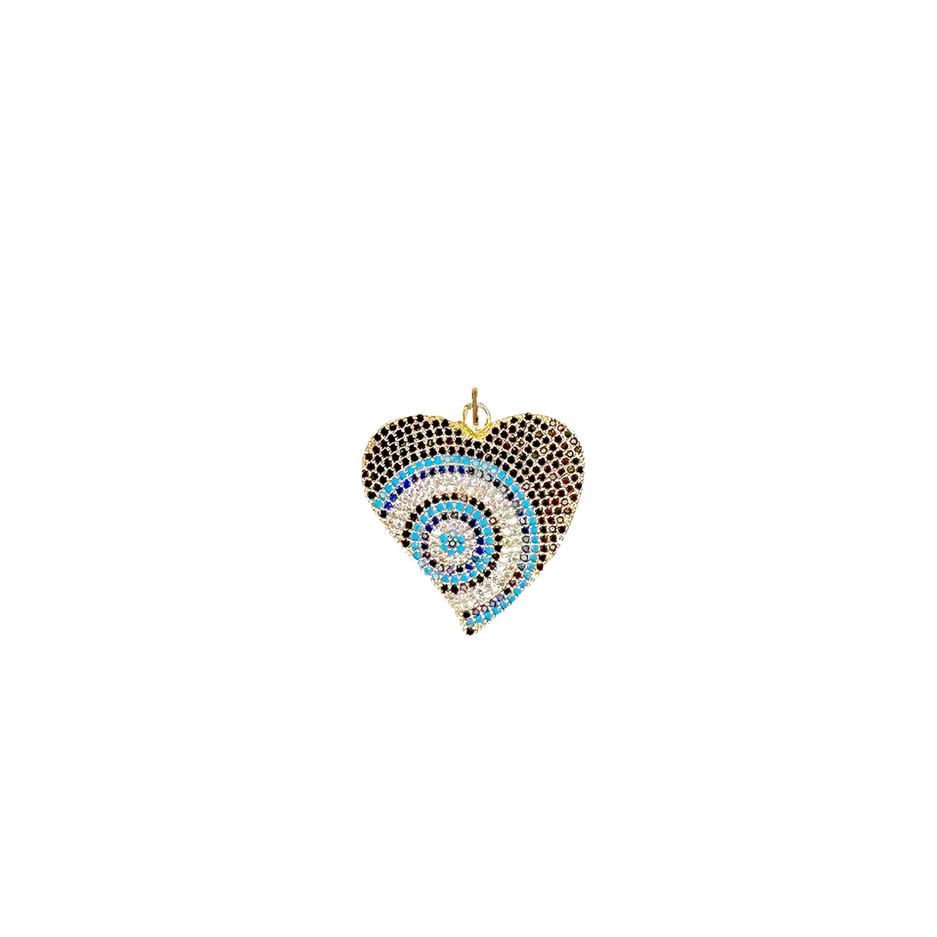 Heart-shaped gold evil eye pendant with bold blue and white accents