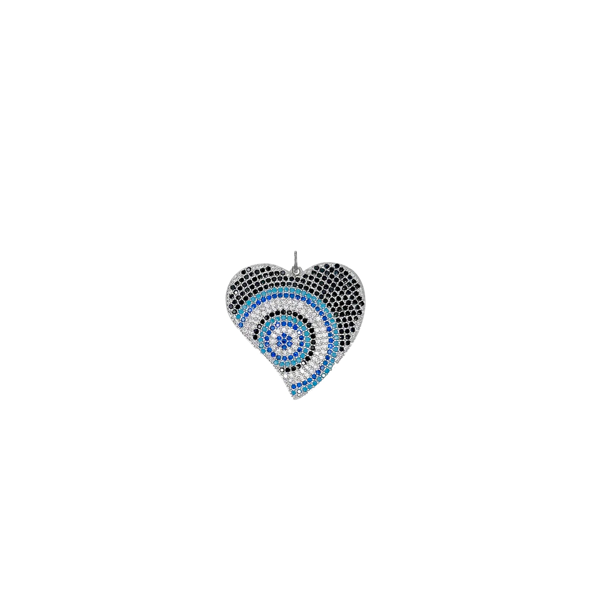 Heart-shaped silver pendant with pave evil eye detail